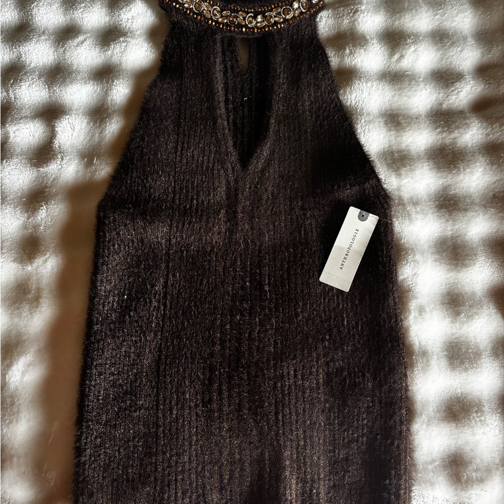 Anthropologie Brown Knit Sweater with Gold Threading